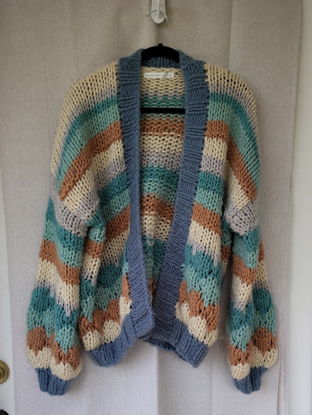 Altar'd State Chunky Striped Open-Front Cardigan - Teal, Cream, Brown, Blue